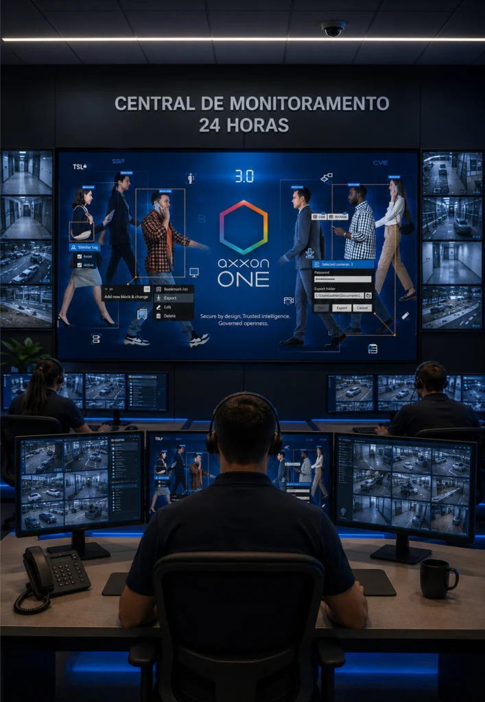Sala de controle de segurança com telas exibindo monitoramento de CFTV inteligente da Rocket-Tec